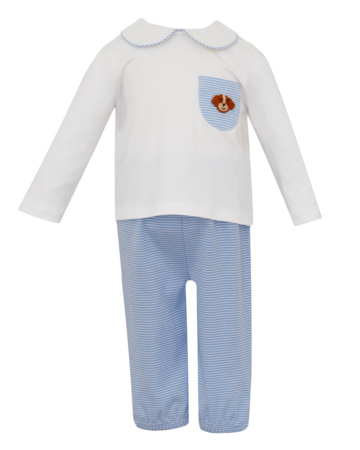 Crochet Puppy Light Blue Stripe Knit Boys Pant Set, front