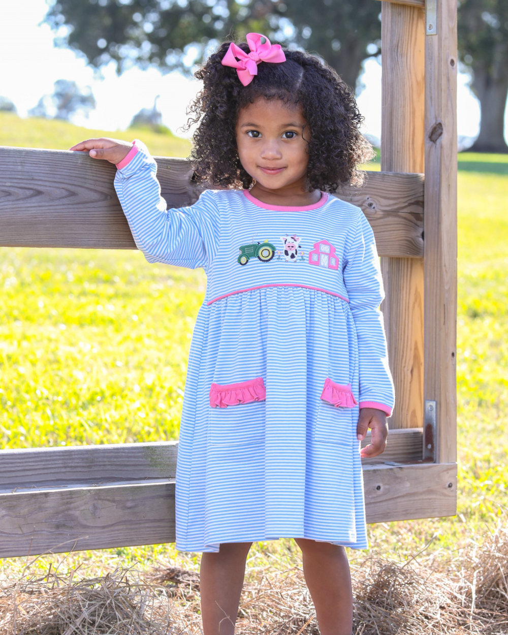 Farm Applique Blue Stripe Dress, child