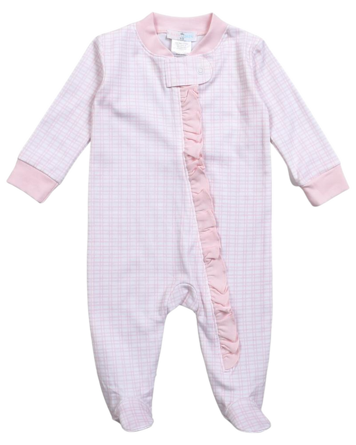 Pink Plaid Pima Zipper Girls Footie, front