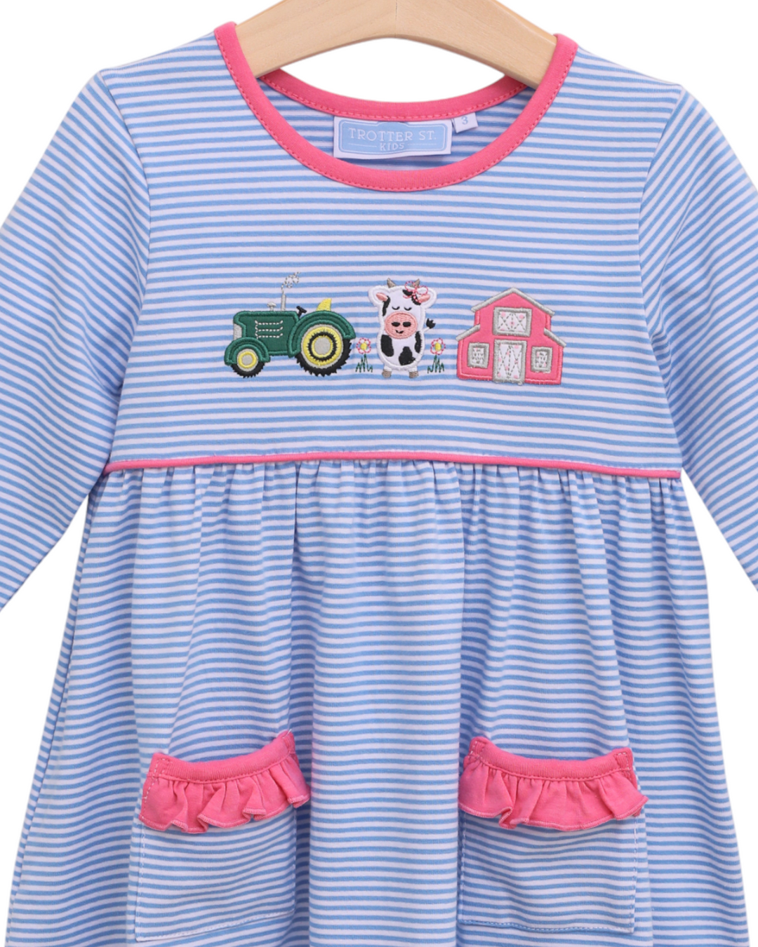 Farm Applique Blue Stripe Dress, close up