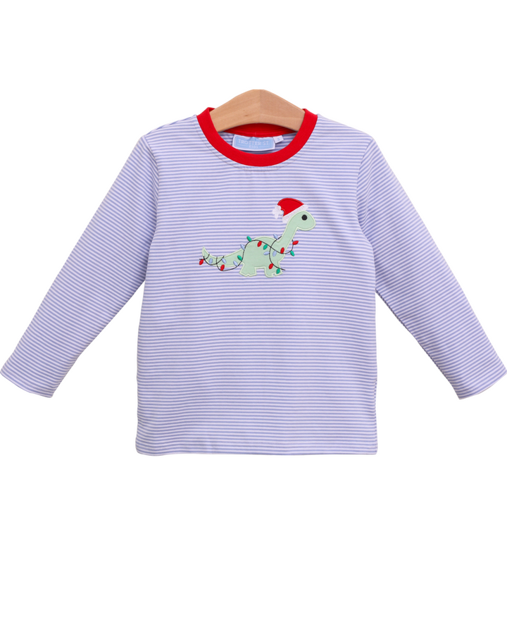 Christmas Dino Applqiue Blue Stripe Boys Shirt