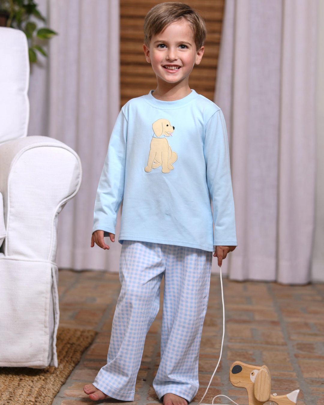 Puppy Applique Blue Stripe Boys Pants Set, child