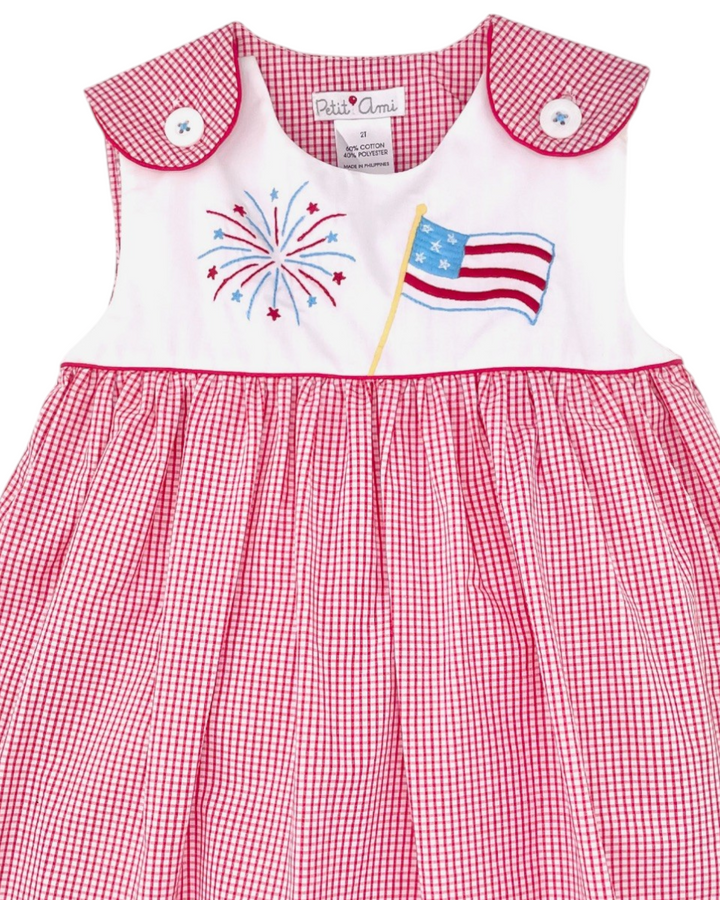 Flag and Fireworks Embroidered Red Gingham Dress