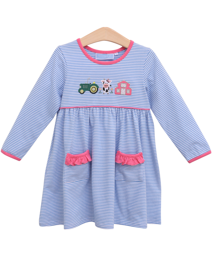 Farm Applique Blue Stripe Dress, front