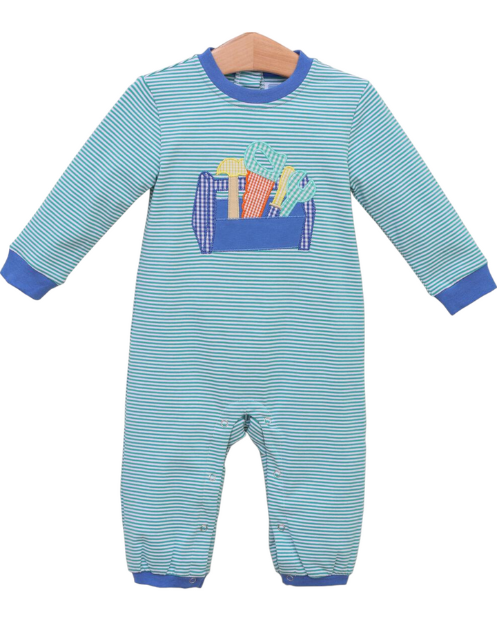 Toolbox Blue Stripe Boys Romper, front