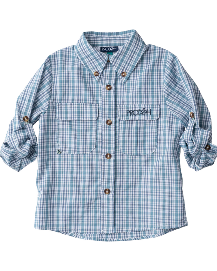 Founders Kids Fishing Shirt- Adriatic Blue, front