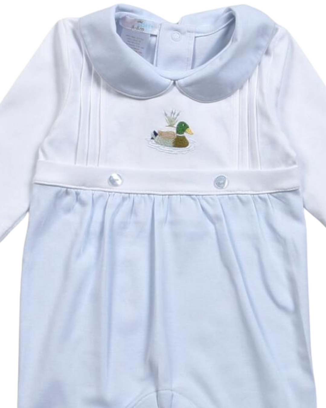 Blue Mallard Duck Hand Embroidered Pima Romper, close up