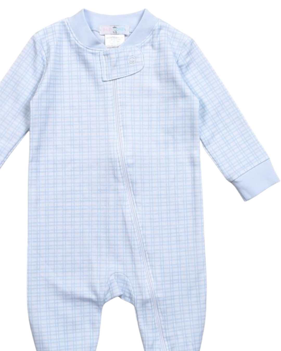 Blue Plaid Pima Zipper Boys Footie, close up