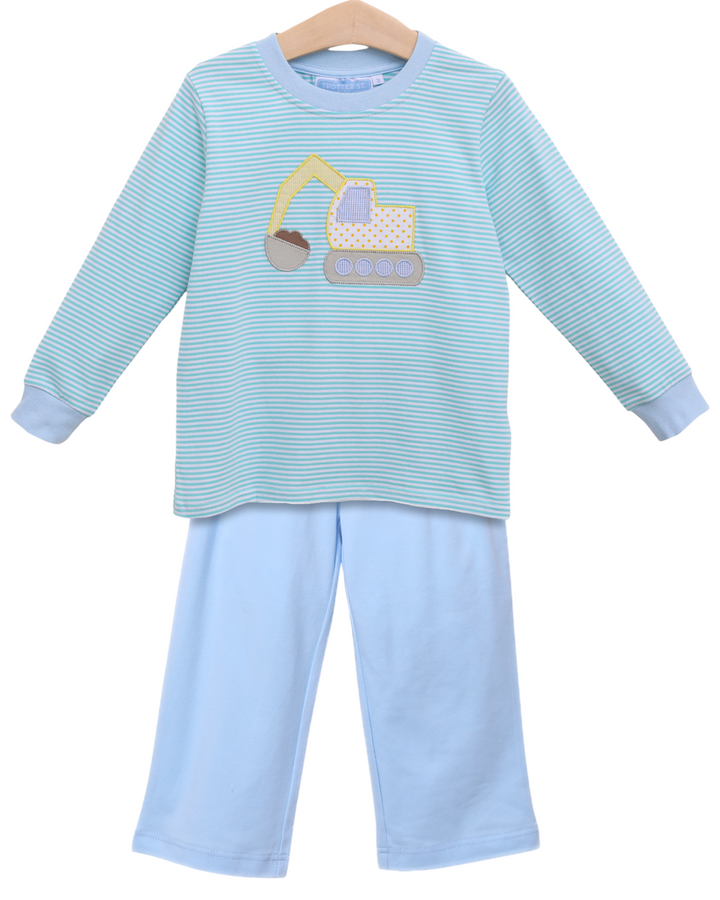 Construction Applique Mint Stripe Boys Pant Set, front