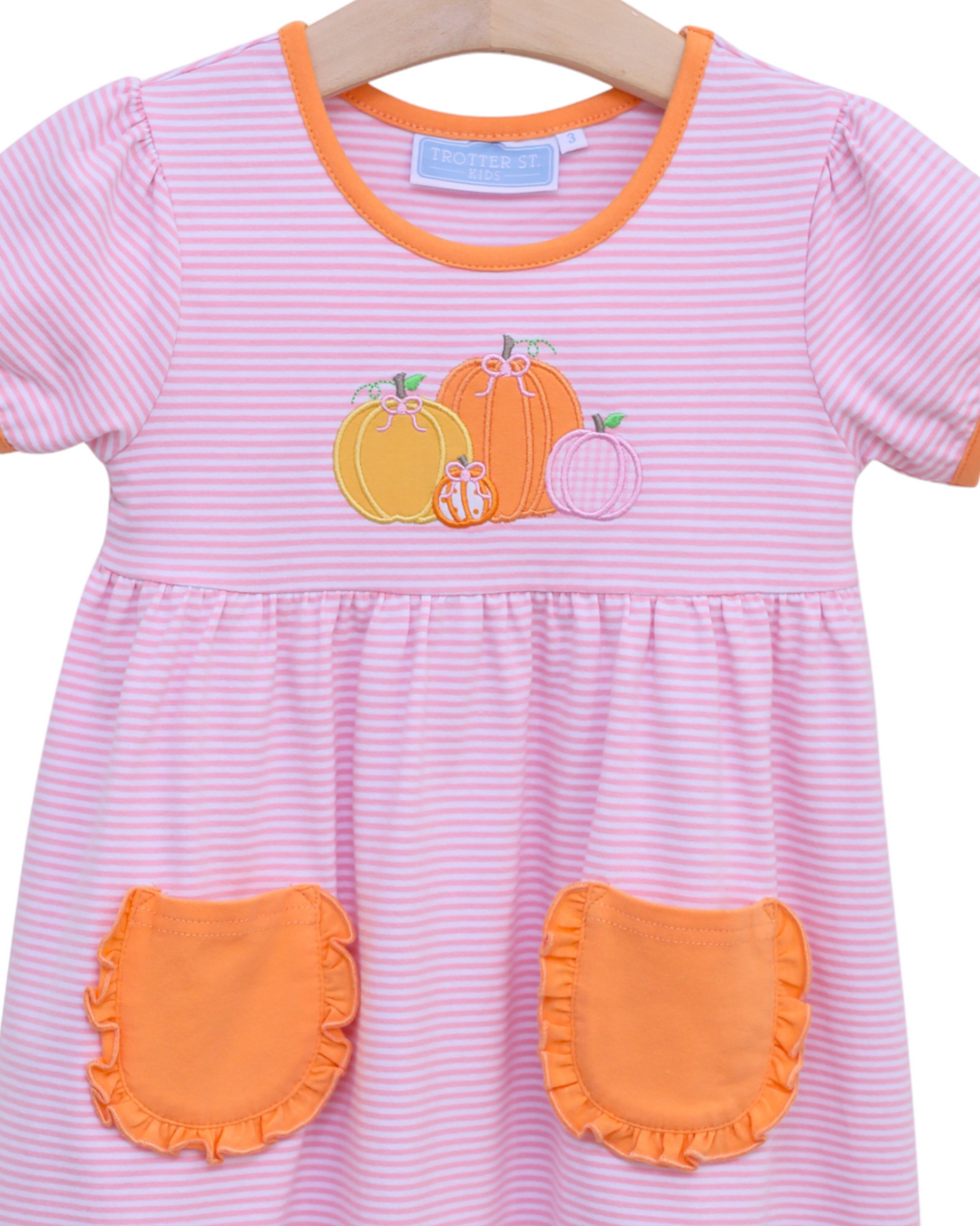 Pumpkin Patch Applique Pink Stripe Dress, close up