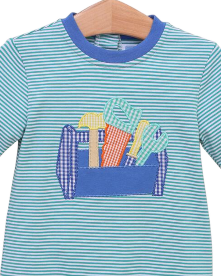 Toolbox Blue Stripe Boys Romper, close up