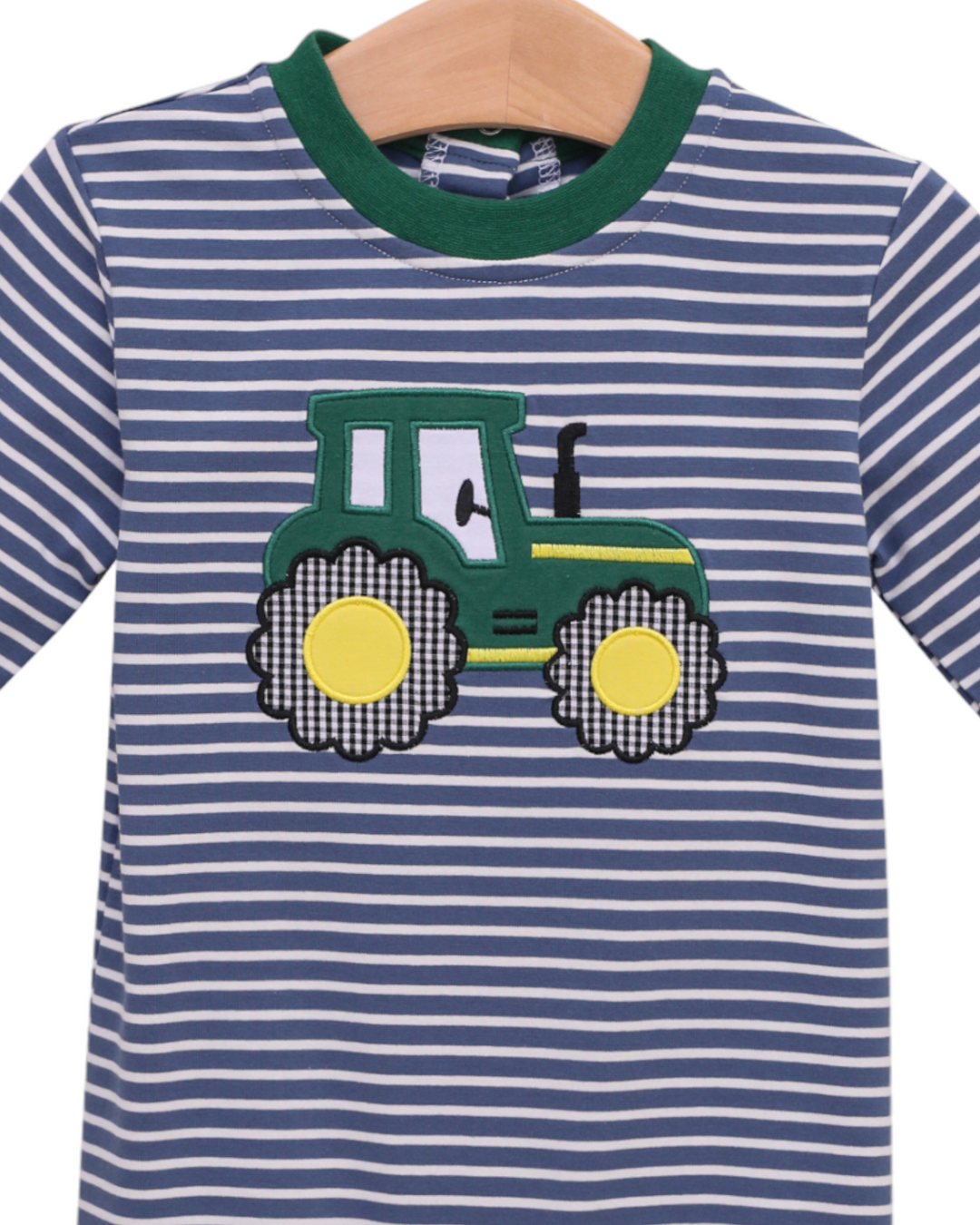 Tractor Blue & Green Stripe Boys Romper, close up