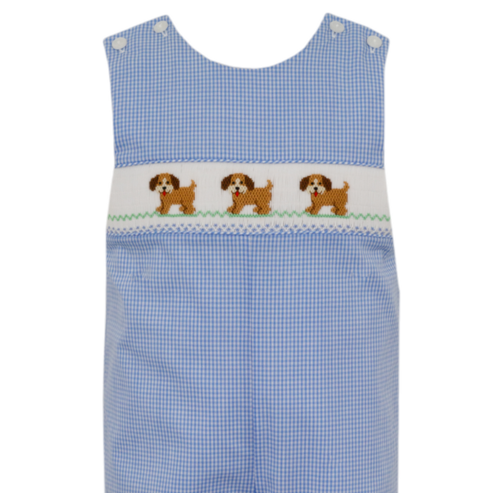 Smocked Puppies Boys Blue Gingham Jon Jon, close up