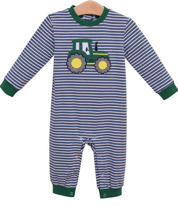 Tractor Blue & Green Stripe Boys Romper, front