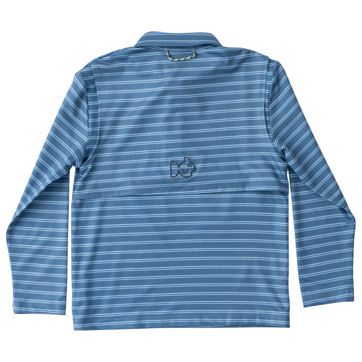 Boys' Long Sleeve Pro Performance Polo: Bluefin and Powder Blue Stripe, back