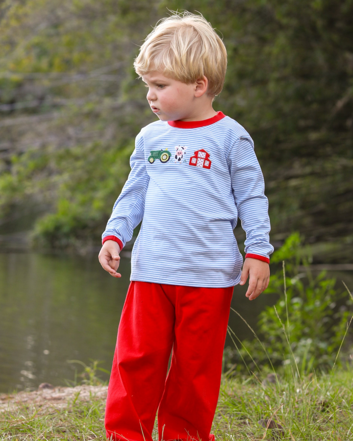 Farm Applique Blue Stripe Boys Pants Set, child