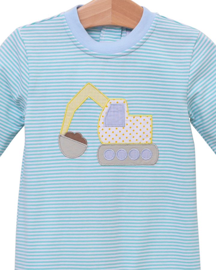 Construction Applique Blue & Mint Stripe Boys Romper