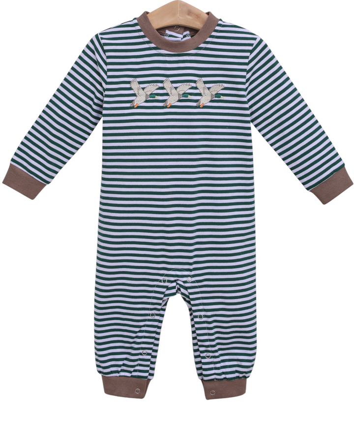 Mallard Embroidered Green Stripe Boys Romper, front