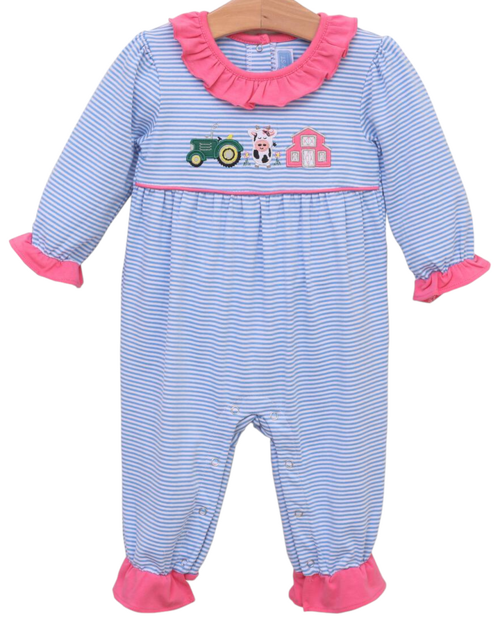 Farm Applique Blue Stripe Girls Romper, front