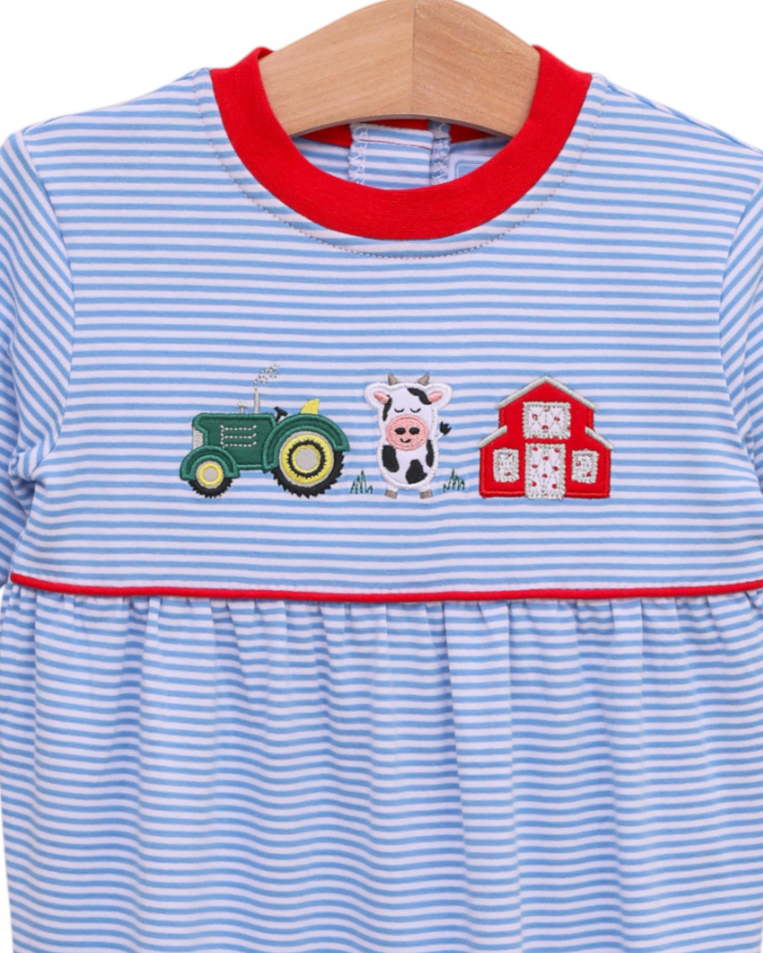 Farm Applique Blue Stripe Boys Romper, close up