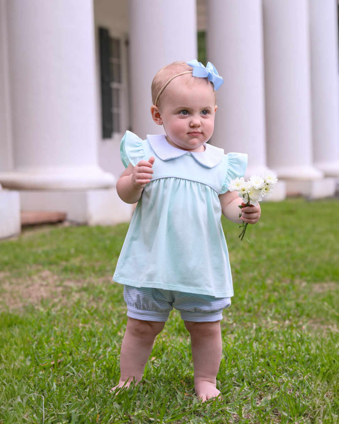 Genevieve Girls Bloomer Set- Light Blue Stripe/Light Mint