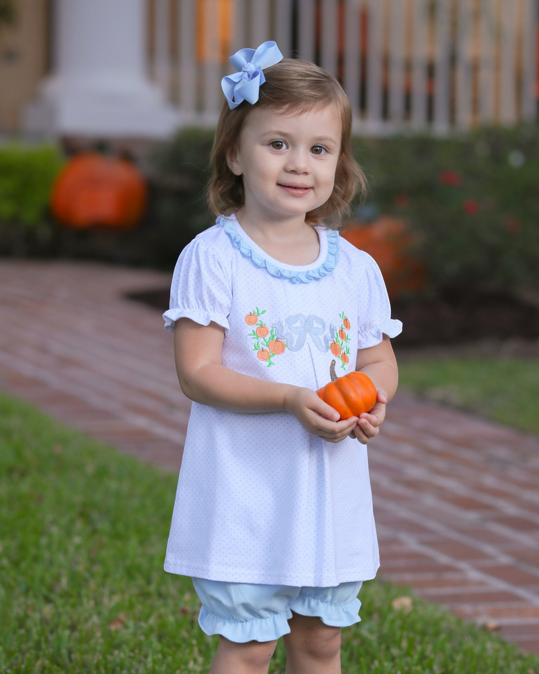 Pumpkin Embroidery Blue Dot Bloomer Set