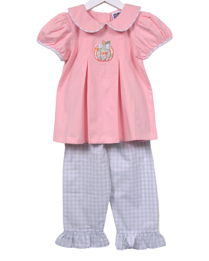 Pumpkin Applique Pink & Green Gingham Ruffle Girl's Pant Set, front