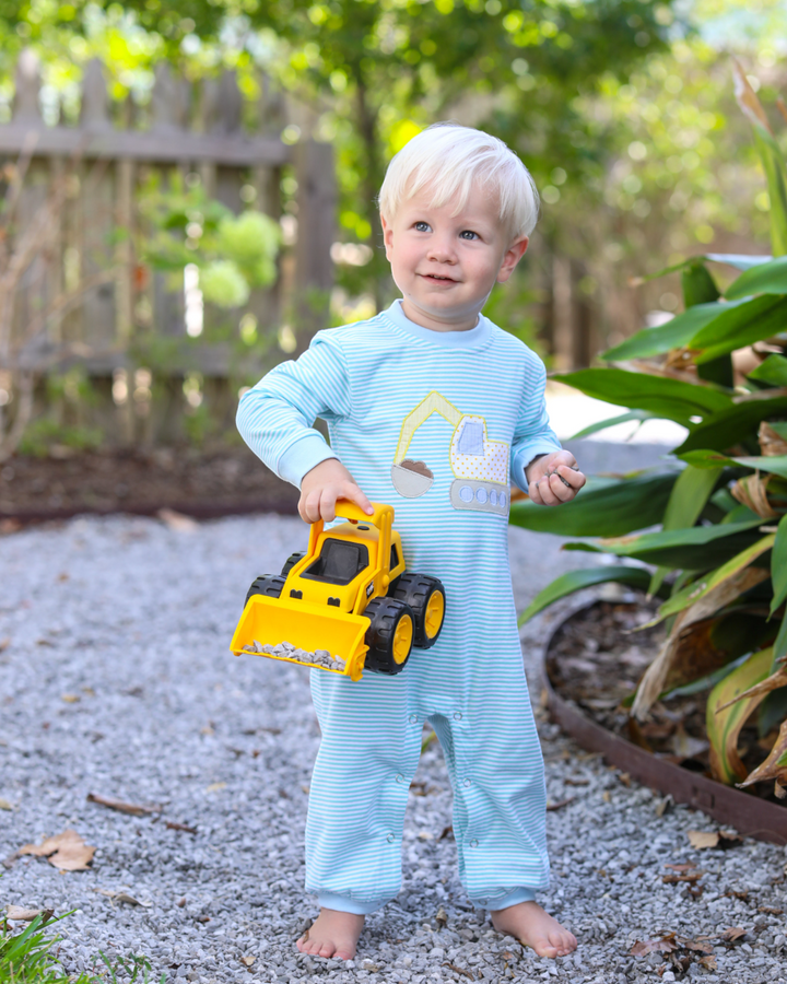 Construction Applique Blue & Mint Stripe Boys Romper