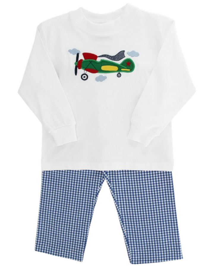 Airplane Applique Boys Blue Gingham Pant Set, fornt