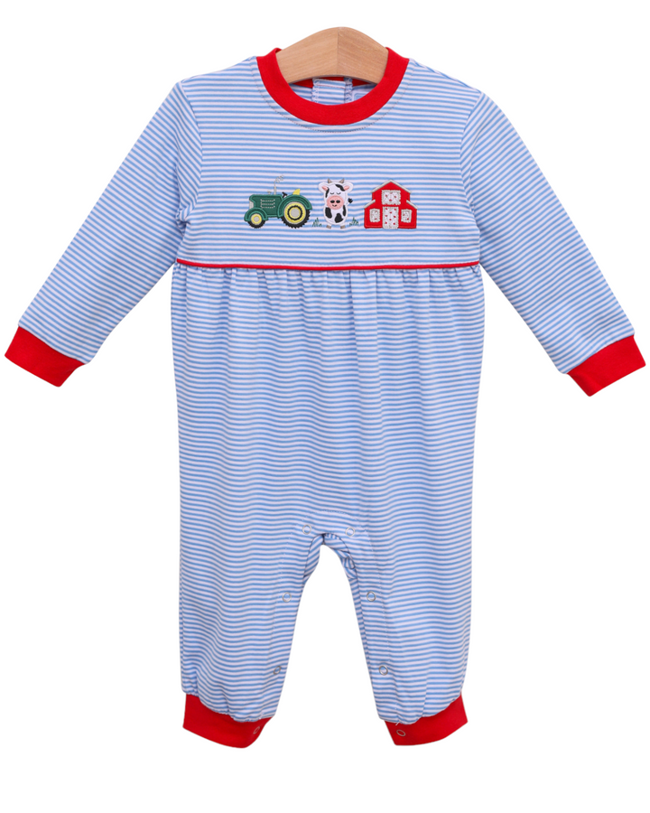 Farm Applique Blue Stripe Boys Romper, front