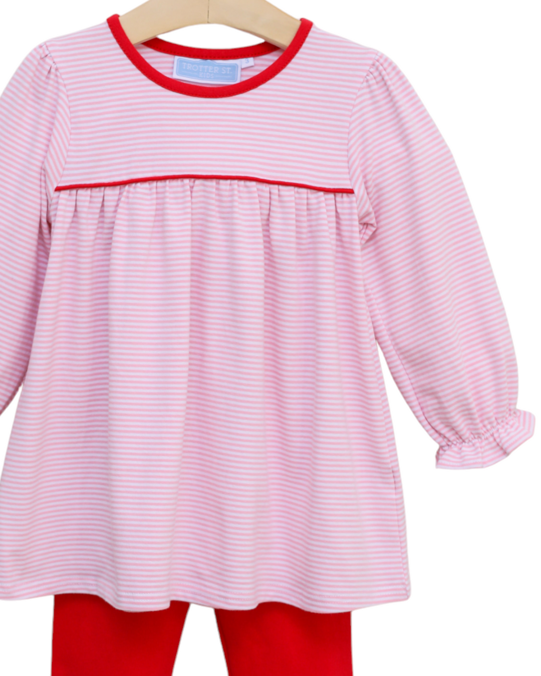 Ellie Girls Pants Set- Light Pink Stripe/Red, close up