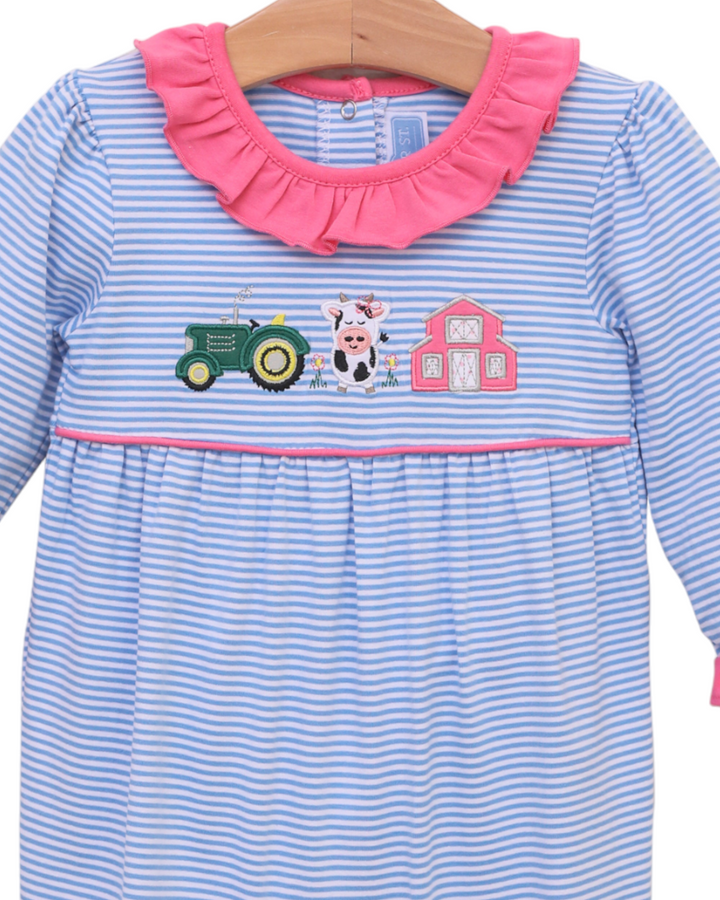 Farm Applique Blue Stripe Girls Romper, close up