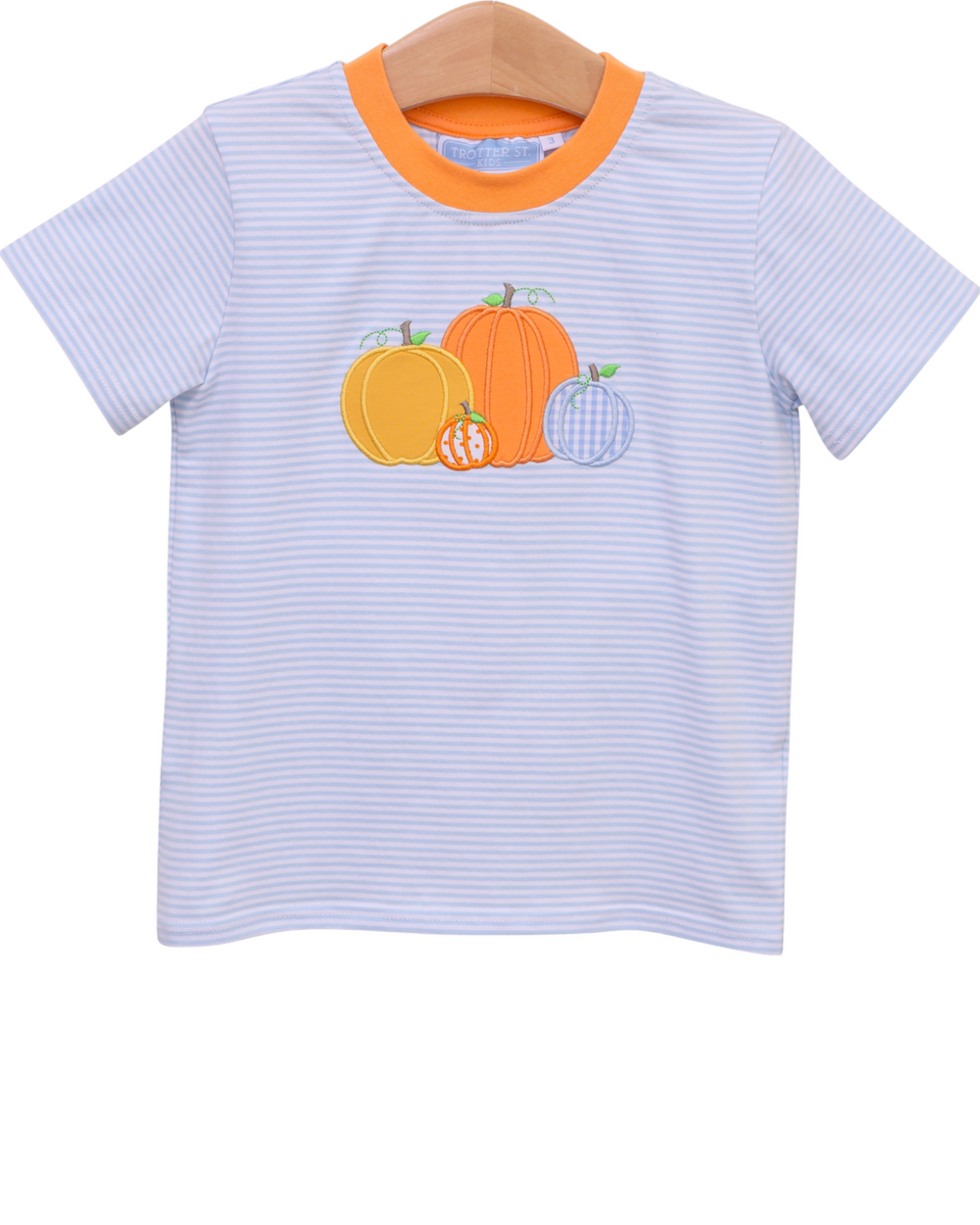 Pumpkin Patch Applique Blue Stripe Short Sleeve Shirt, front