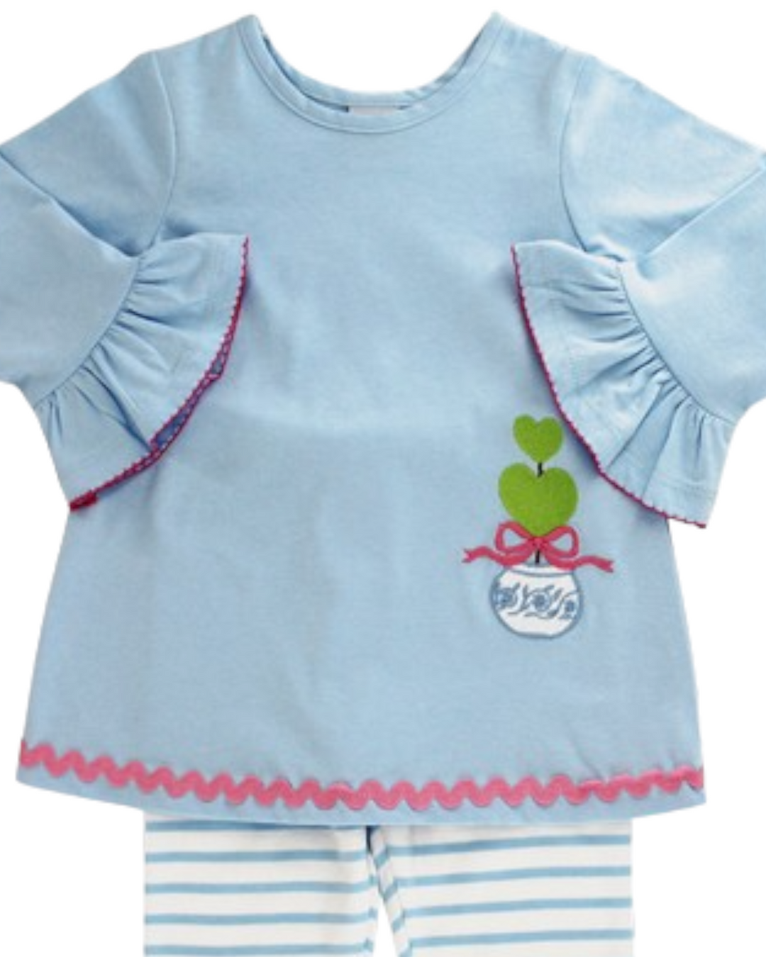 Topiary Applique Blue Stripe Girls Tunic Pant Set