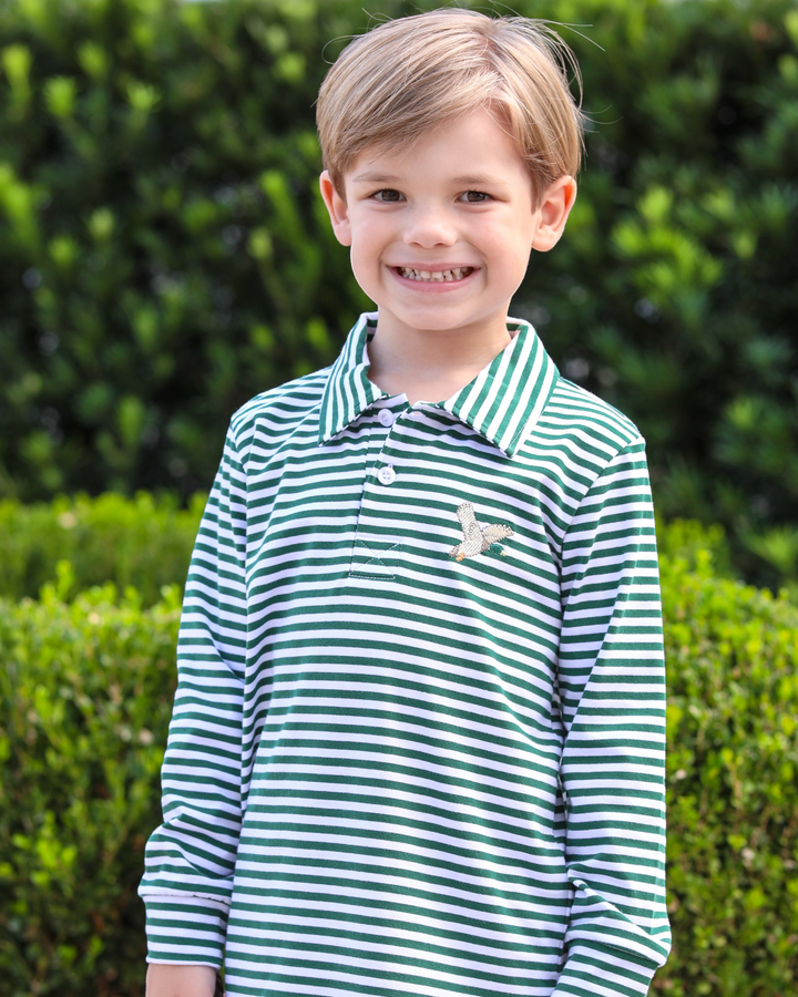 Mallard Embroidered Green Stripe Polo, child