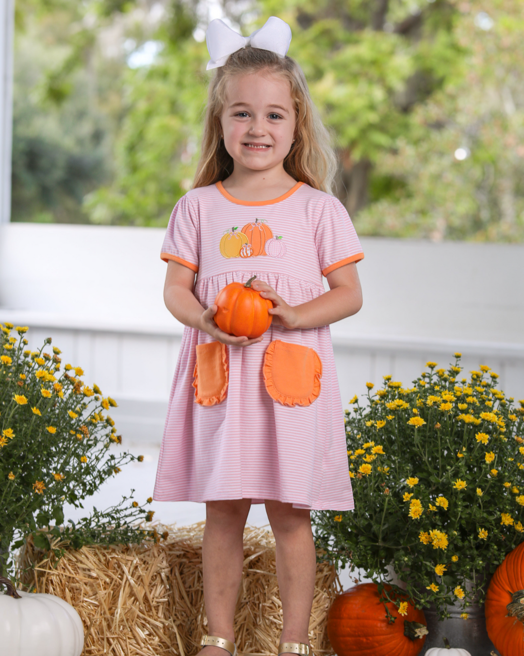 Pumpkin Patch Applique Pink Stripe Dress, child