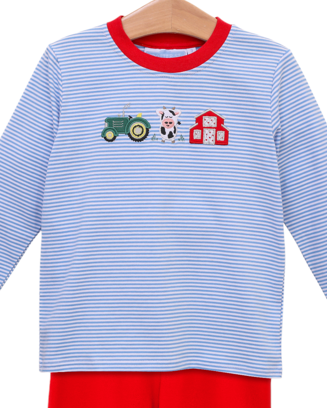 Farm Applique Blue Stripe Boys Pants Set, close up