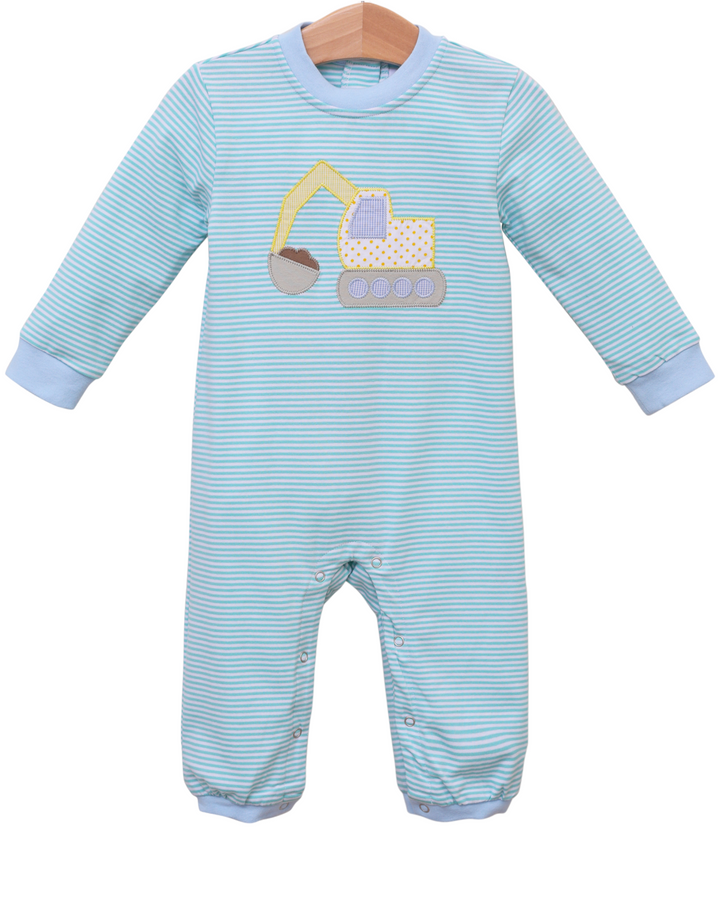 Construction Applique Blue & Mint Stripe Boys Romper