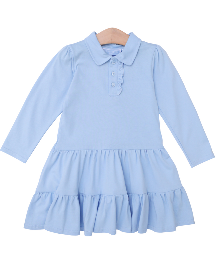 Ruffle LS Polo Dress- Light Blue, front