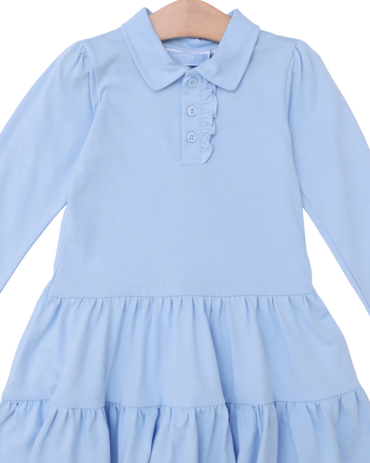 Ruffle LS Polo Dress- Light Blue, close up