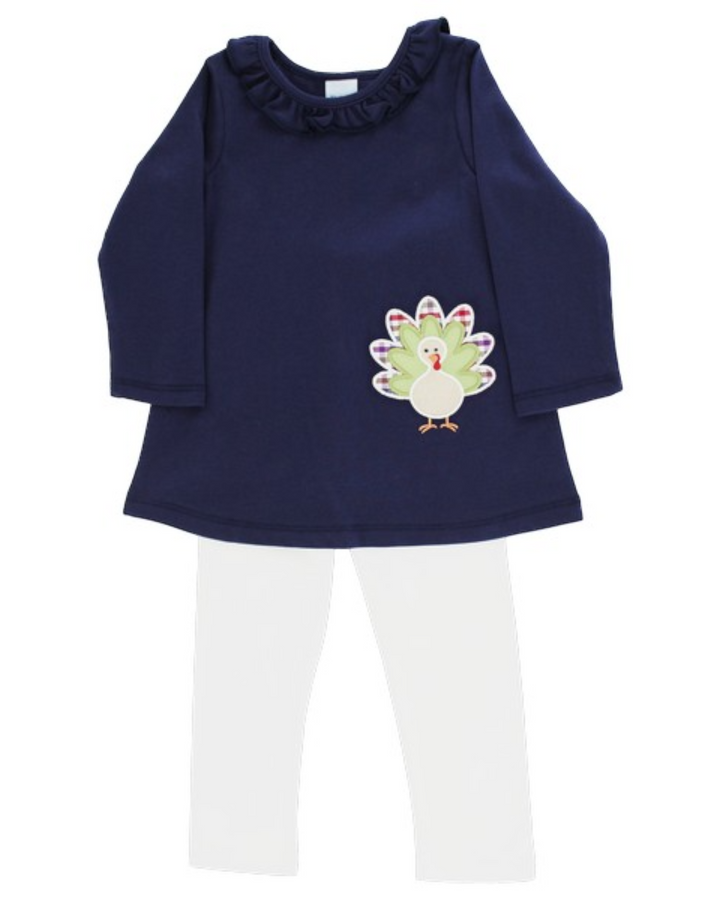 Turkey Applique Blue Tunic Girls Ruffle Pant Set