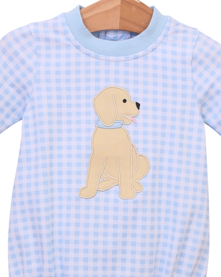 Puppy Applique Blue Gingham Boys Bubble, close up