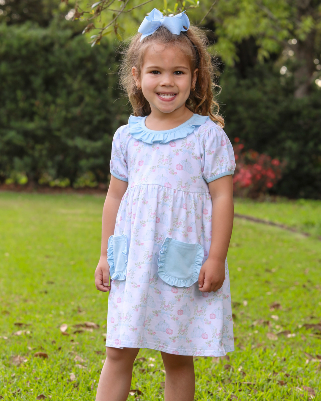 Pumpkin Floral White & Blue Dress, child