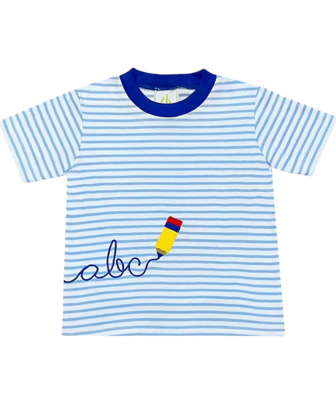 Calligraphy Harry's Play Blue Stripe Boys Tee, front