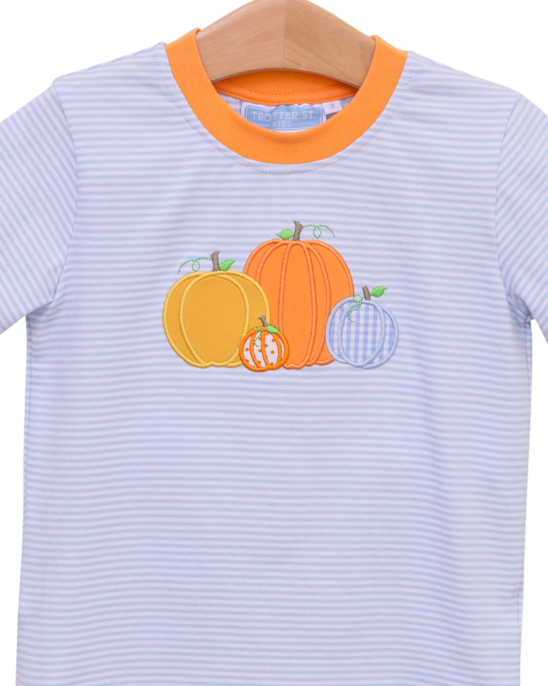 Pumpkin Patch Applique Blue Stripe Short Sleeve Shirt, close up