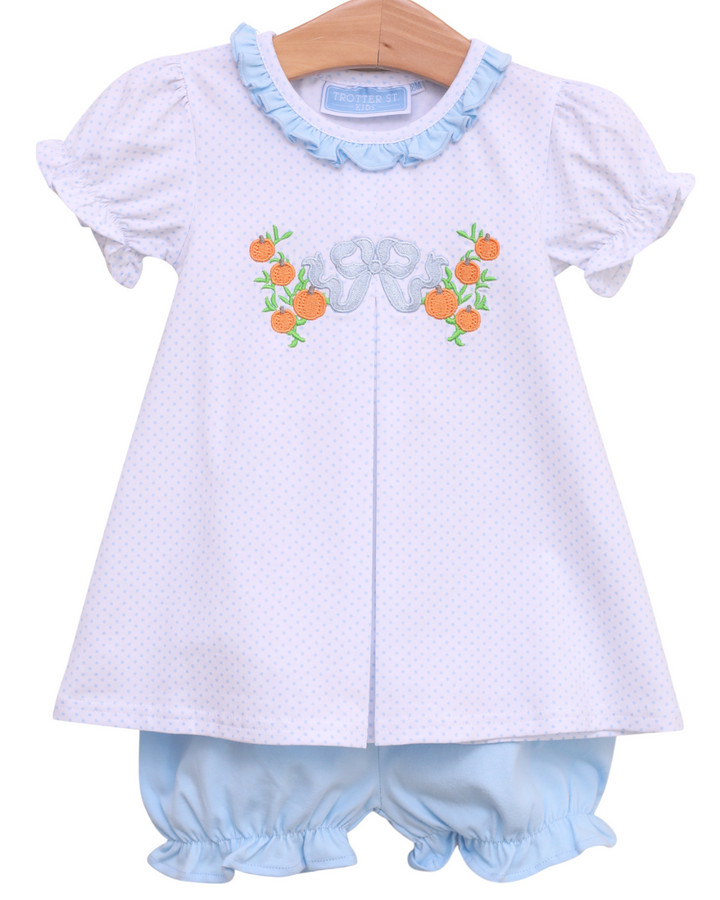 Pumpkin Embroidery Blue Dot Bloomer Set