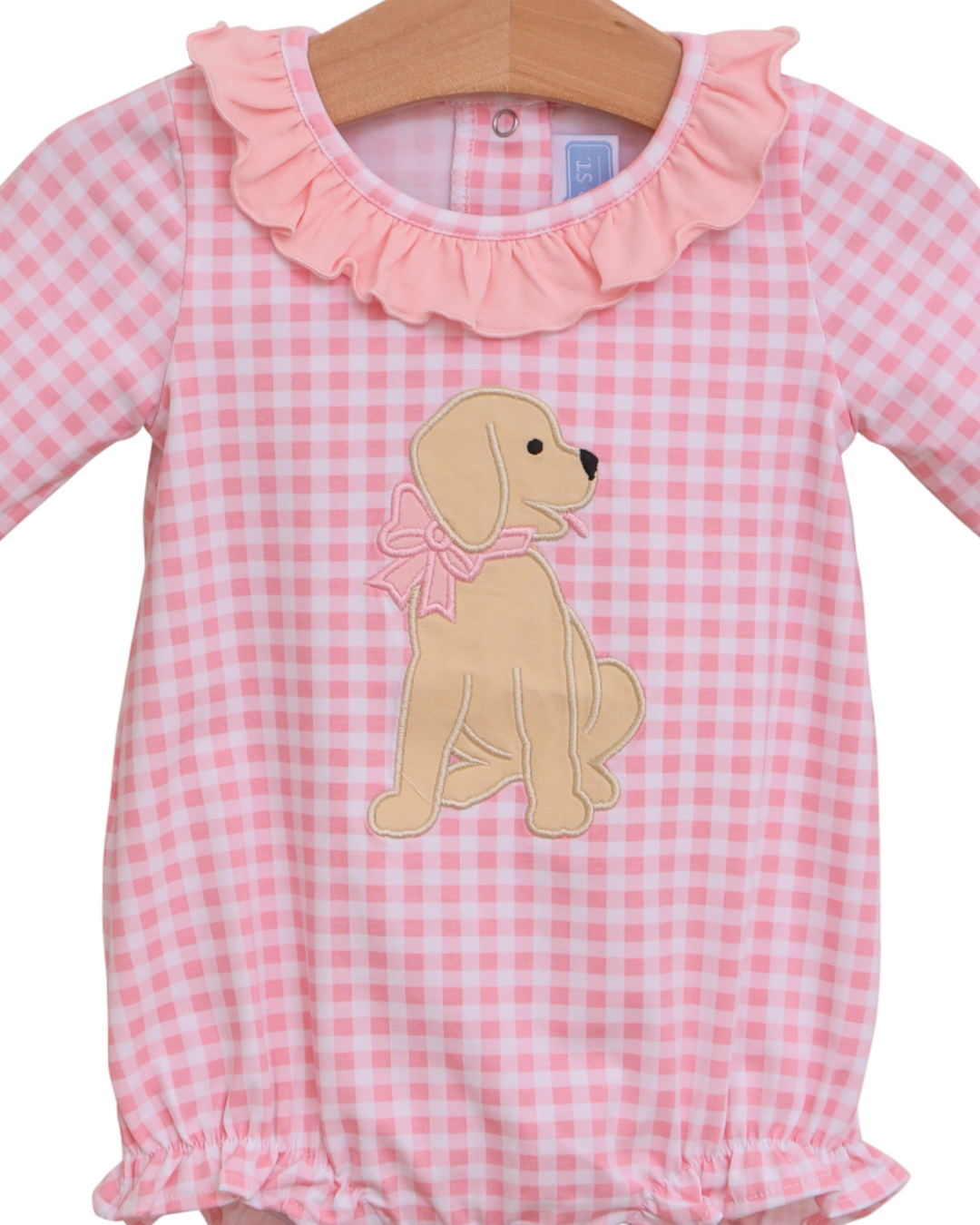 Puppy Applique Pink Gingham Ruffle Bubble, close up