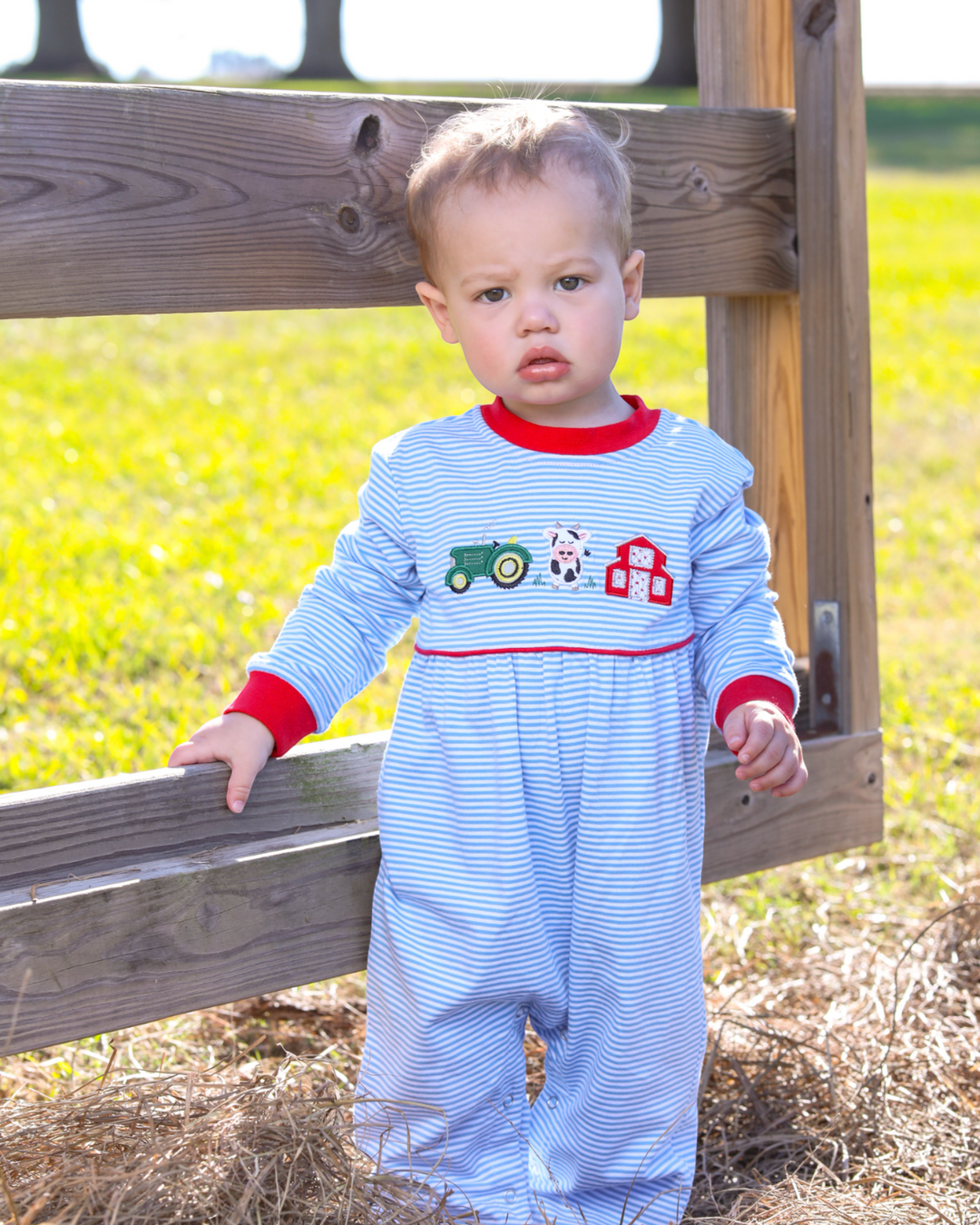 Farm Applique Blue Stripe Boys Romper, child