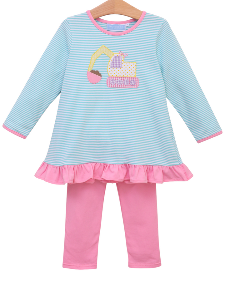 Construction Mint Stripe Girls Ruffle Pants Set, front