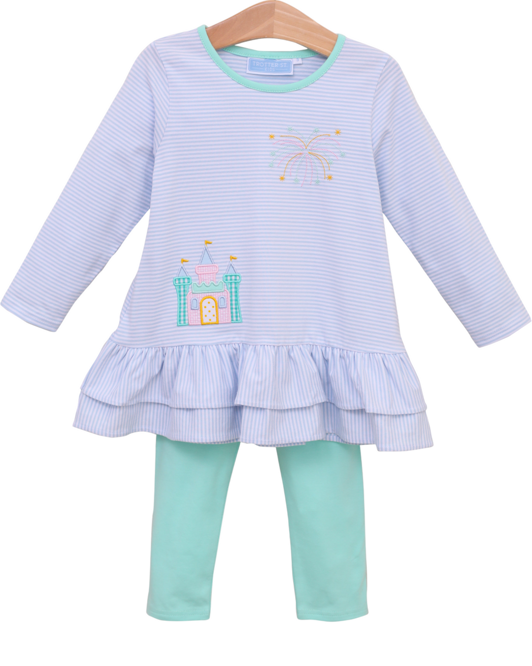 Castle Blue & Mint Stripe Girls Pant Set, front